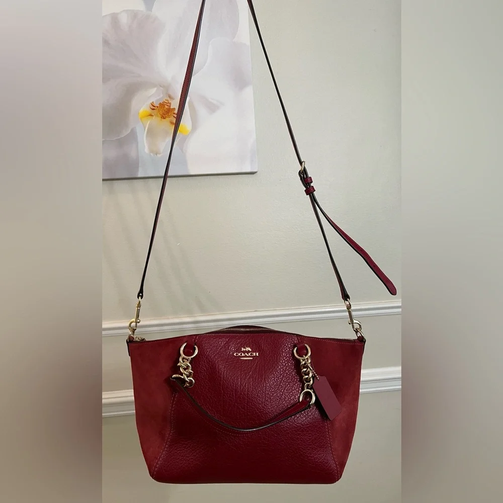 Coach Small Kelsey Chain Satchel In Red Pebble Leather and Suede ♥️ AUTHENTIC! 🥰